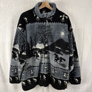 Vtg 90s Black Mountain Fleece Zip-up Wild Horses Kokopelli Thunderbird Mens XL